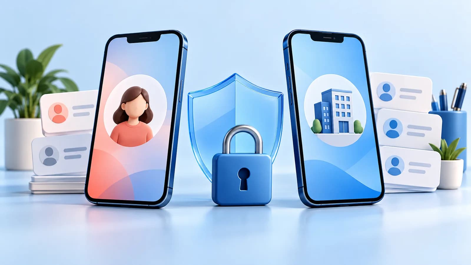 Concept illustration of separate personal and business phones beside a blue privacy shield and padlock.