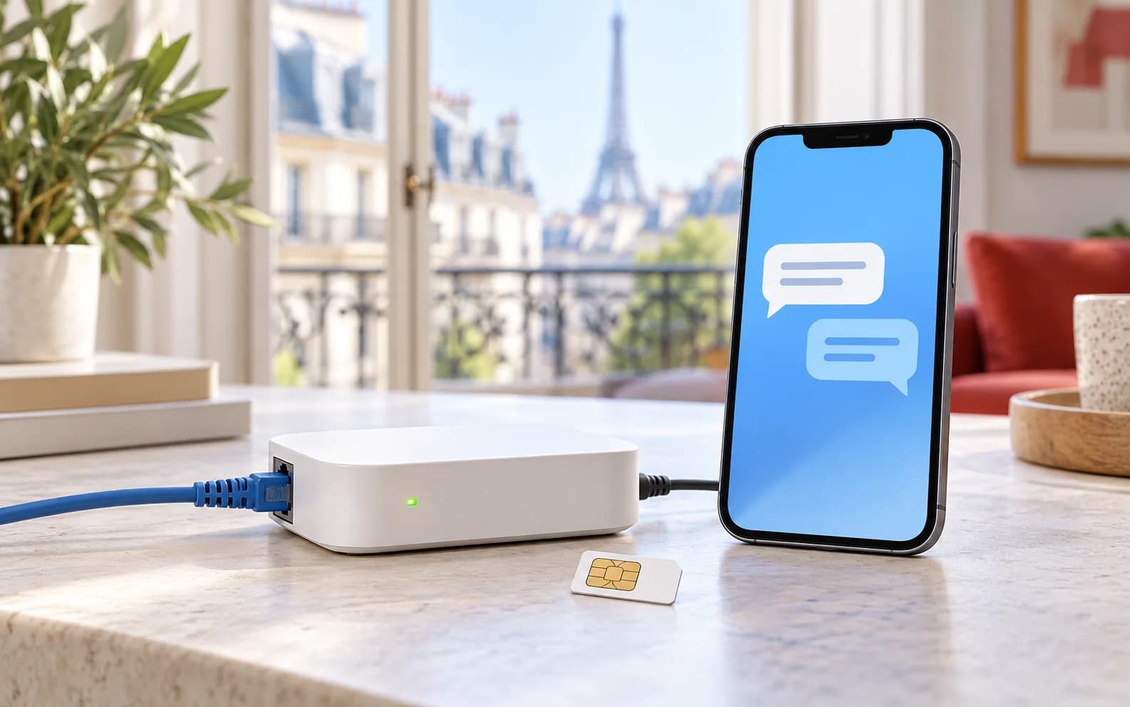 Concept illustration of a compact SIM adapter and mobile phone in a bright French workspace.