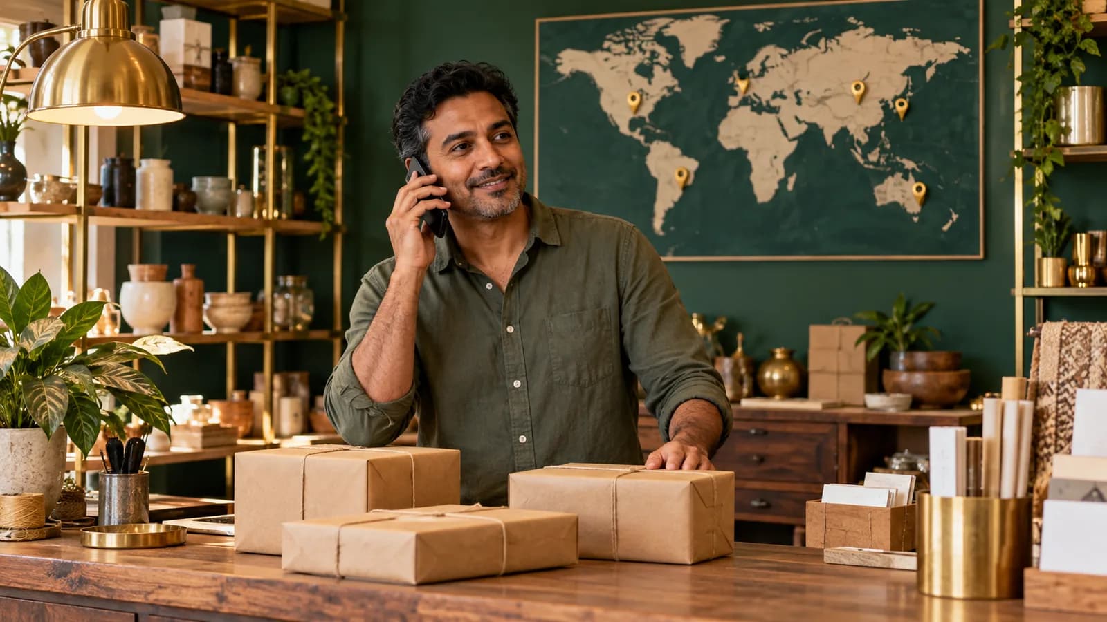 A small-business owner taking a phone call behind a shop counter, with parcels and a physical world map on an emerald wall.