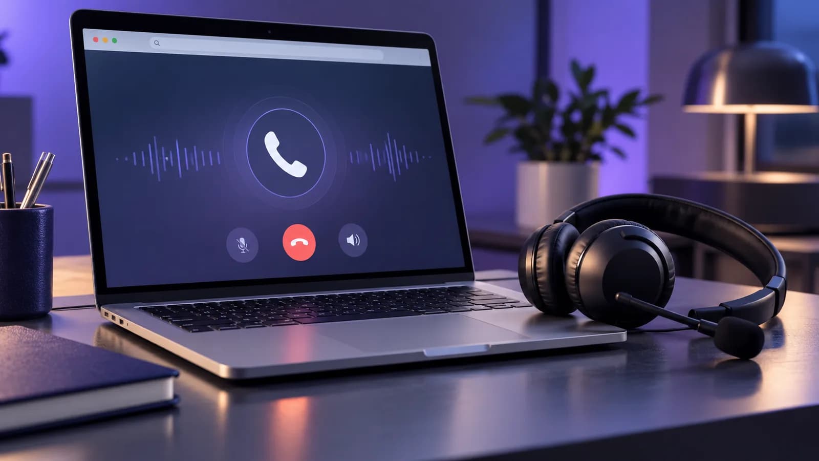Concept illustration of a laptop browser call and headset in violet light; the calling interface is illustrative.