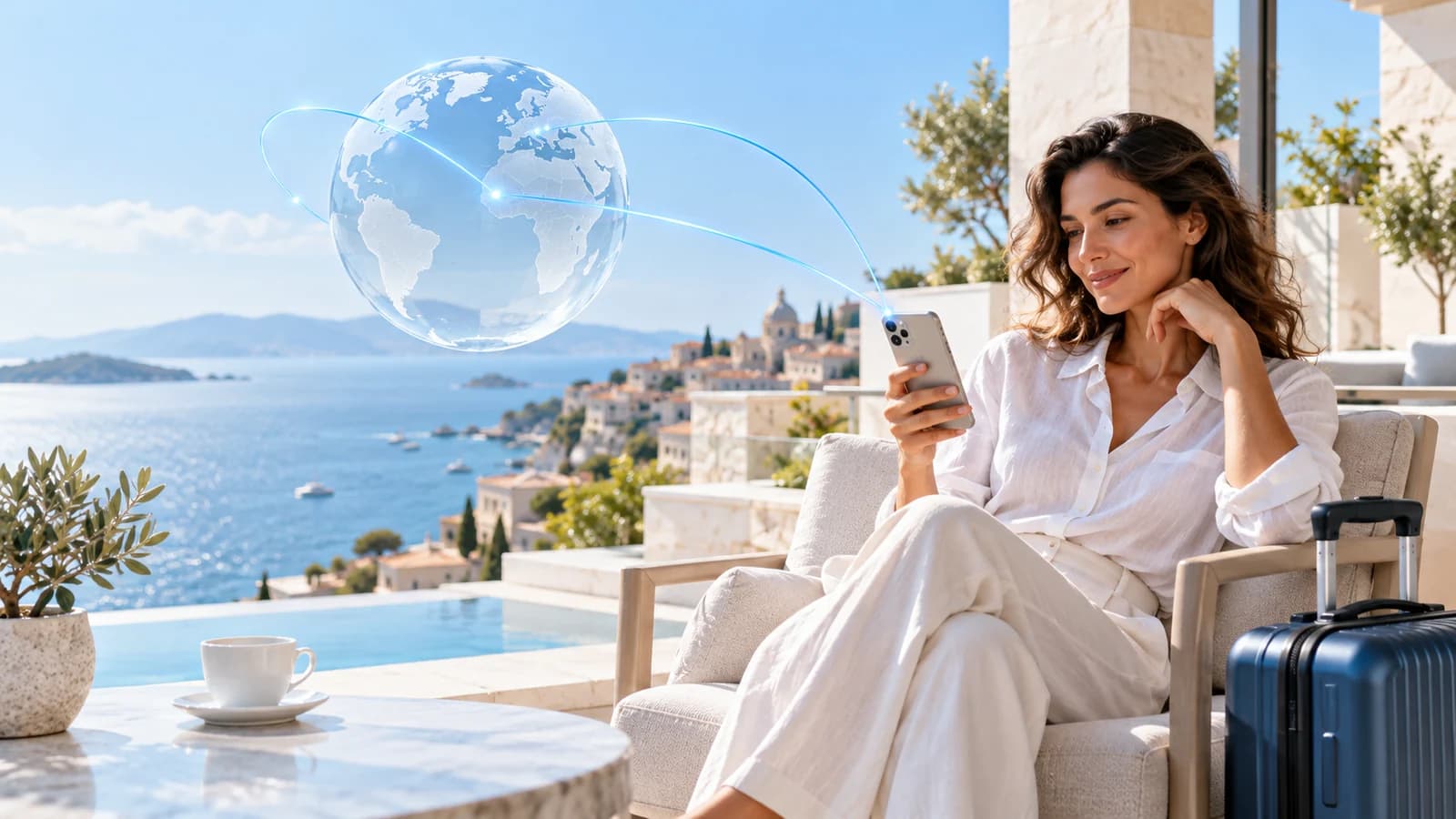 A traveller using her phone abroad, with connections representing her familiar number and its home country.