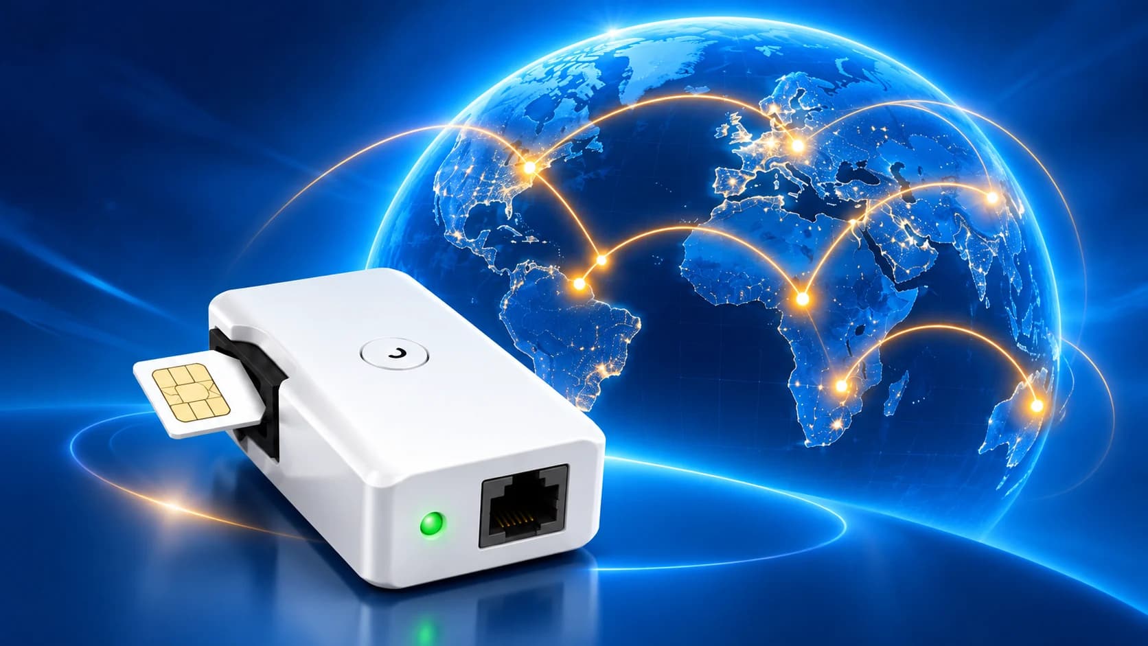 A physical SIM inserted into a hosting gateway in front of a connected blue globe.