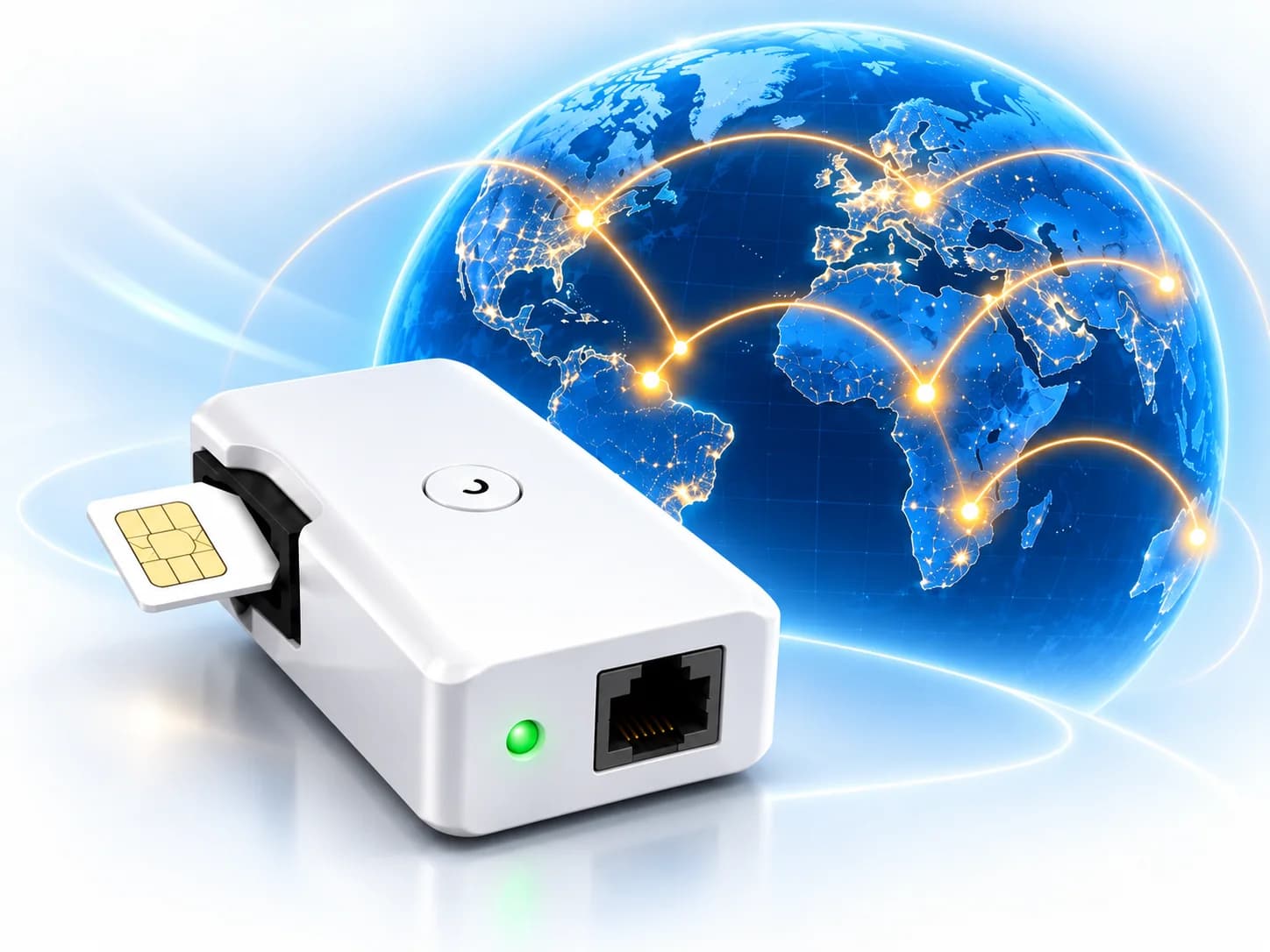 Illustration of a hosted SIM gateway connected to a globe.